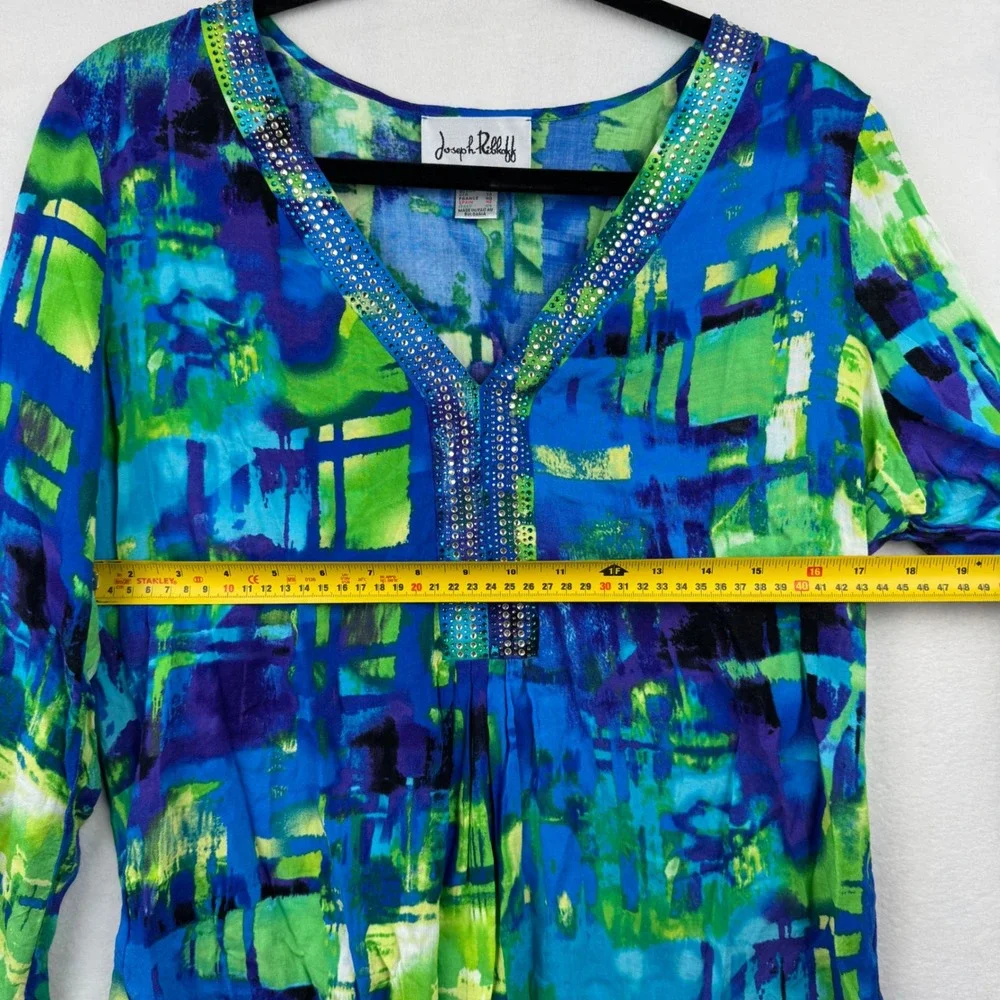 Joseph Ribkoff Blue‎ Green Print Embellished V-Neck 3/4 Sleeve Blouse Top 10